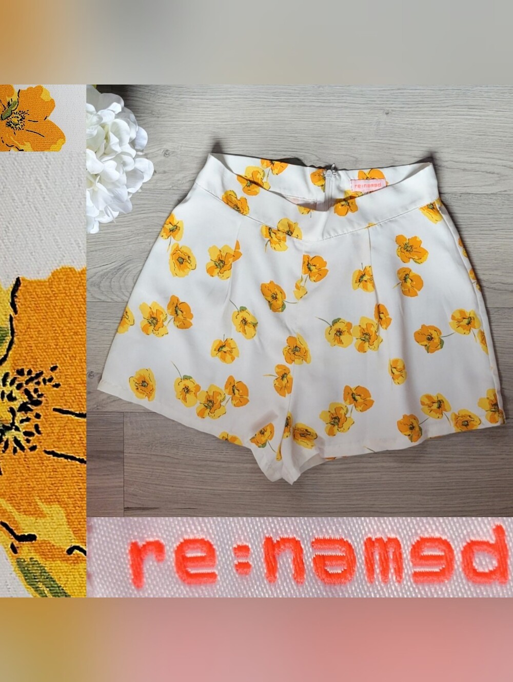 re:named Pleated High-Waist Textured Fully Lined Floral Dress Shorts, Small